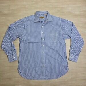 Paul Stuart Mens Blue White Striped Dress Shirt 16.5 35 Made in Canada Cotton